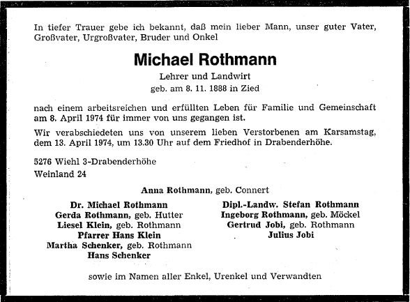 Rothmann Michael 1888-1974 Todesanzeige